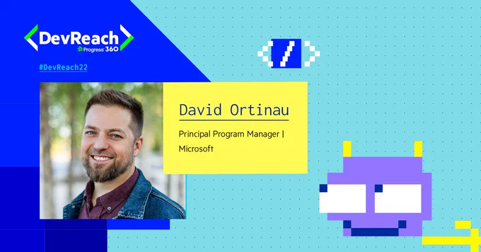 DevReach 2022 promotional speaker card showing a young man smiling, a purple pixelated devil on a light blue background and a text which reads "David Ortinau, Principal Program Manager, Microsoft"