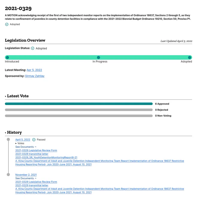 A screenshot of the new legislation tracking page available for all CDP instances. Includes the bill title, the bill description. The latest information such as the current status, a quick link to the latest meeting it was discussed in, and a link to the sponsor.

Has more details such as a popout for more details on the latest vote and a history / legislation timeline with links to all meetings the piece of legislation was discussed in and the attachments to the piece of legislation for each of those specific meetings to act as a sort of "snapshot in time".