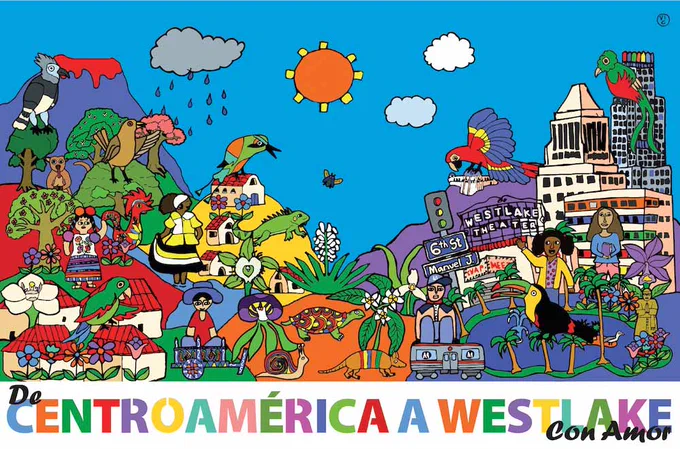 Brightly colored painting with cartoonish hills, birds and animals