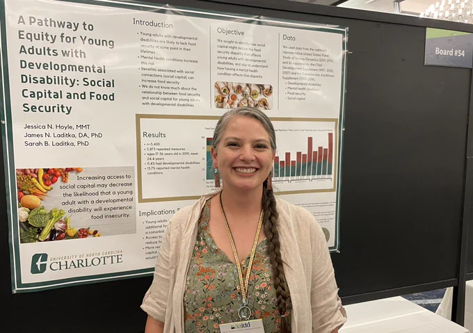 Jessica standing in front of her poster at AAIDD conference. Poster has text, graphs, and photos of food.