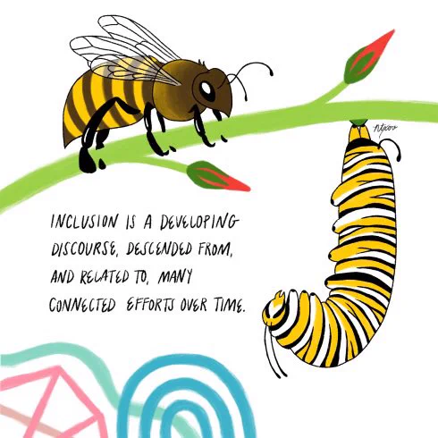 A bee and caterpillar climb on a budding vine. Near them is the text "Inclusion is a developing discourse, descended from, and related to, many connected efforts over time.” Below them are some abstract lines and shapes that draw from the colors and shapes found in the Transforming Inclusion in Museums book's cover art.