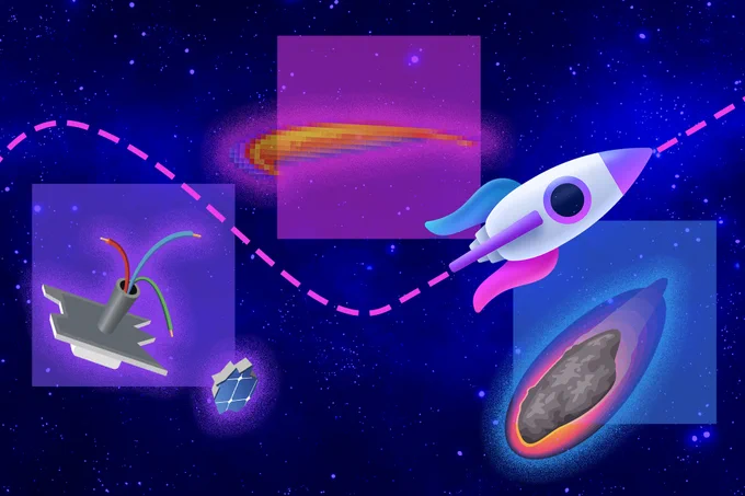 A cartoon rocket ship flying around different objects.