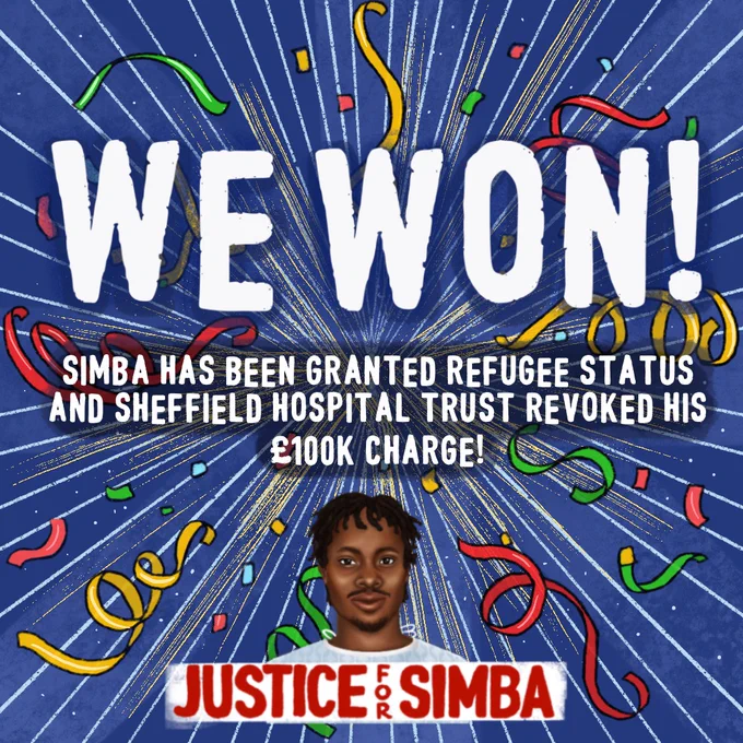 Celebration image: WE WON! Simba has been granted refugee status and Sheffield Hospital Trust revoked his £100,000 charge! Justice for Simba