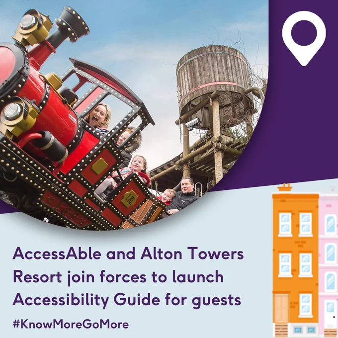 Image of a red train rollercoaster ride at Alton Towers. There is a women and child smiling at the camera. There is a blue overlay with text which says AccessAble and Alton Towers Resort join forces to launch Accessibility Guide for guests and #KnowMoreGoMore 