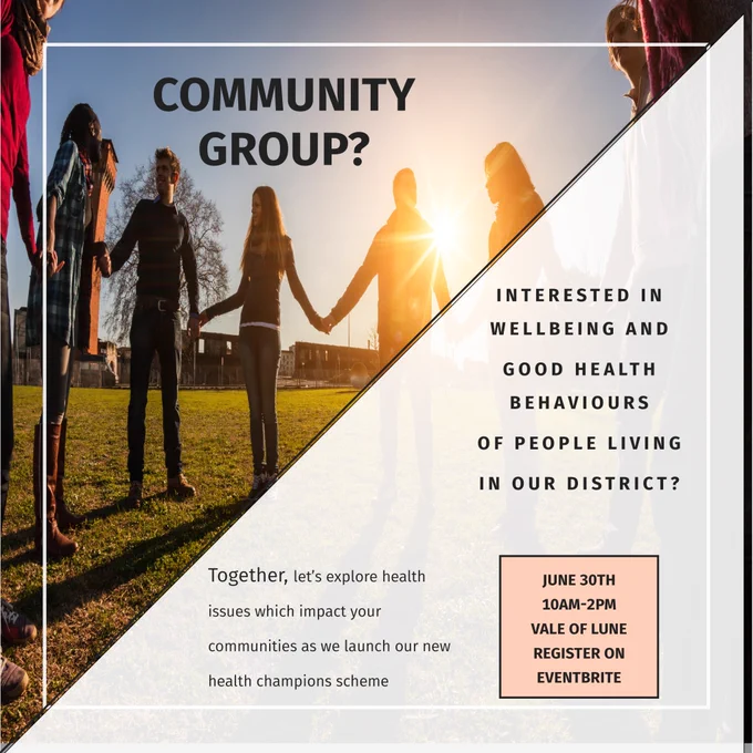 Are you a community group? Interested in wellbeing and good health behaviours of people in our district? Come to our event on June 30 10am-2pm at the Vale of Lune. Register on Eventbrite
