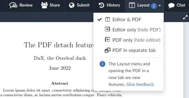 Screenshot of the Overleaf menu focusing the new Layout drop down option. Four options are available: 1. editor & PDF (currently selected), 2. editor only (hide PDF), 3. PDF only (hide editor), and 4. PDF in separate tab.