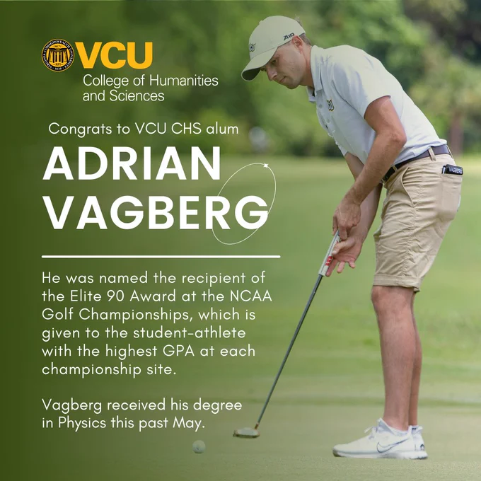 On a green gradient overlaying a pic of Vagberg is text detailing his recent award. CHS logo in the upper left corner.