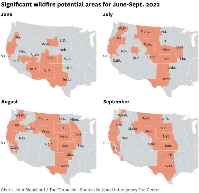 Maps of the western United States that show significant wildfire potential areas for June through September 2022.