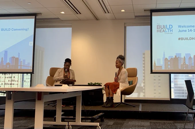 Majora Carter sits for an interview as part of her keynote address for the All BUILD Convening. 