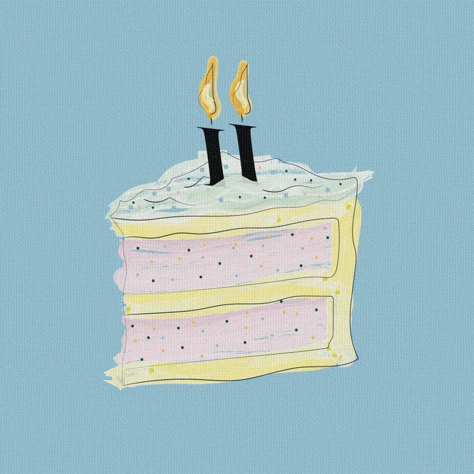 Illustration of a slice of cake with two Interlude letter I's as the candles by Maggie Chirdo. 