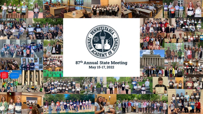 Collage of images of students holding up award certificates, some outside some inside. Center is a navy blue logo with the text "87th annual state meeting; may 15-17 2022"