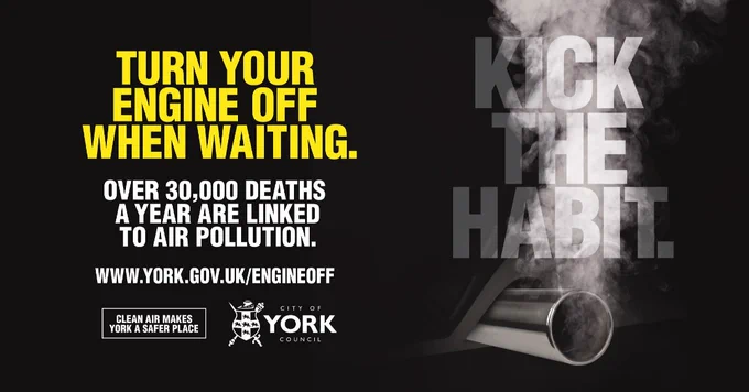 Image of a car exhaust with fumes coming out of it. With text alongside saying turn our engine off when waiting 