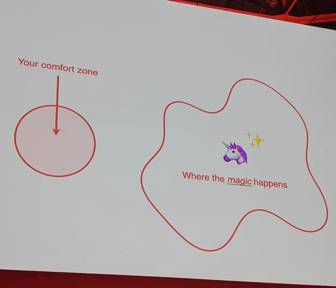 Slide with an illustration showing a circle labeled "Your comfort zone" and a non-intersecting area labeled "Where the magic happens" with the emoji "🦄✨"