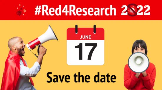 Image showing 17 June on a flip calendar in the centre, and asking people to save the date. #Red4Research 2022 banner strip on the top of the image with a male and female on either side of the date with megaphones wearing red. 