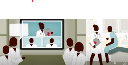 Left frame shows a group of doctors in a room, addressing three other doctors on a screen. Right frame shows one of the doctors in an examination room, treating a patient.