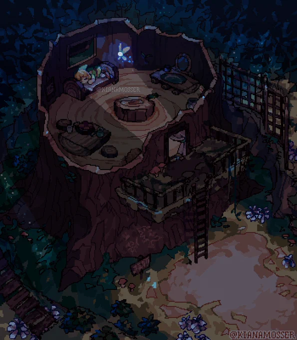 Isometric pixel art diorama in a watercolor-esque style: Link sleeping in his treehouse in Kokiri Forest from Ocarina of Time. Navi is floating near link, softly illuminating him.