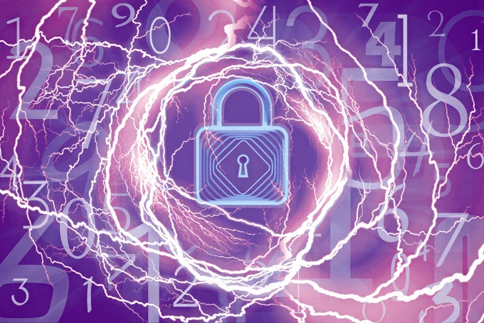 A drawing of a lock surrounded by electric surges and numbers.