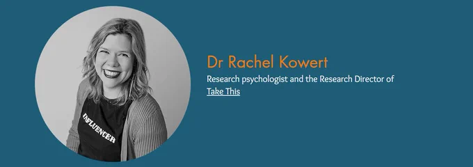 Image: Black and white photo of Dr Kowert
Text: Research psychologist and the Research Director of Take This