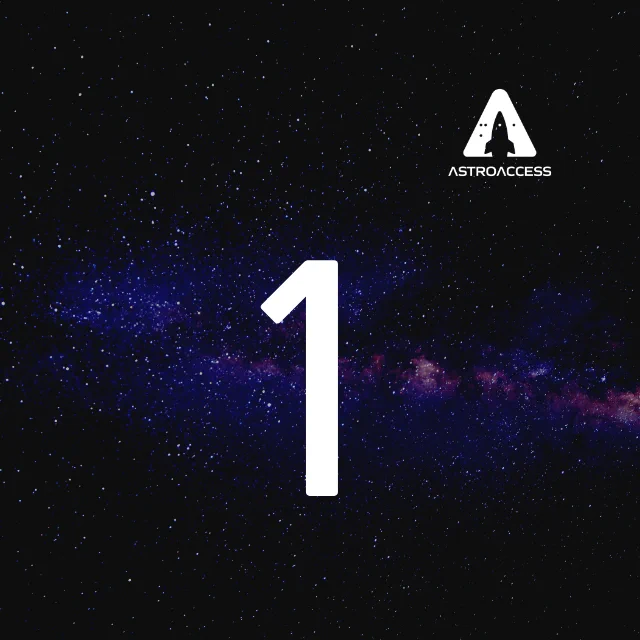 Dark space background with deep purple, dark blue, and faint pink galaxy in the middle. To the right at the top is the AstroAccess logo - a solid triangle with a cutout rocket shape in the middle, originating from the bottom flat edge of the triangle. On the left side of the rocket, cutout is the braille character ‘M’. The braille character ‘A’ makes the window of the rocket. A final braille character ‘A’ is cut out to the right of the rocket. Centered in the middle of the picture is a white text number 1.
