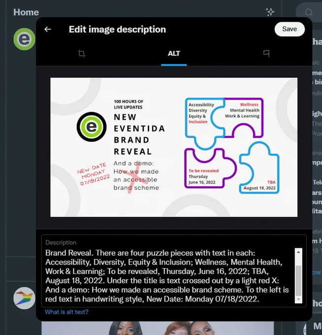 Screenshot of an image with the ALT description panel showing, for viewers to see the image being described with text. 