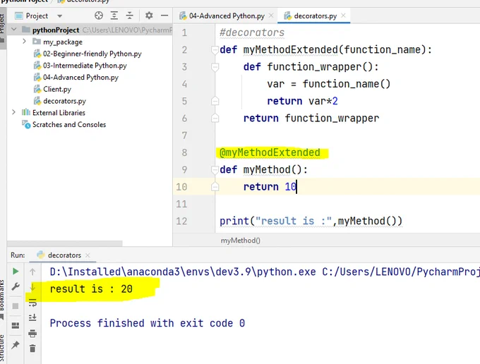 In #Python, Decorators are functions that wrap around your existing functions
Let me elaborate, for ex. you have a function and you want to add some functionality to it. 
There are two ways to do it.
You can modify the existing function OR
You can write a new function and internally use the existing function.
With #Decorators, you can switch on/off the new features!

#nestedfunctions #pythonlearning  #pythoncode