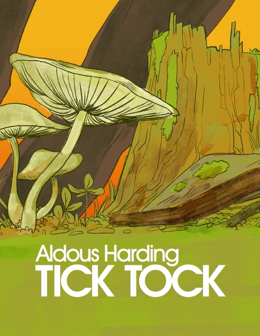 Animation of green grass, three mushrooms, a mossy tree stump and clover. The text is white and reads "Aldous Harding Tick Tock" 