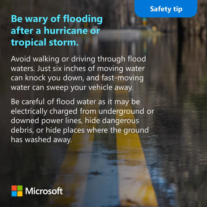 Avoid walking or driving through flood waters. Just six inches of moving water can knock you down, and fast-moving water can sweep your vehicle away.
Be careful of flood water as it may be electrically charged from underground or downed power lines, hide dangerous debris, or hide places where the ground has washed away.
