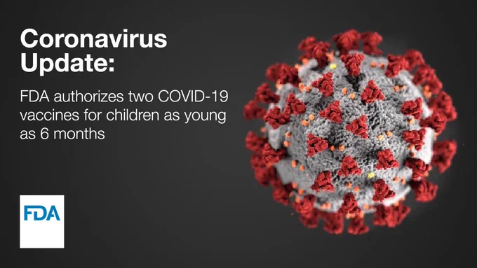 On a dark background, an image of the coronavirus appears. The text: Coronavirus Update: FDA authorizes two COVID-19 vaccines for children as young as 6 months