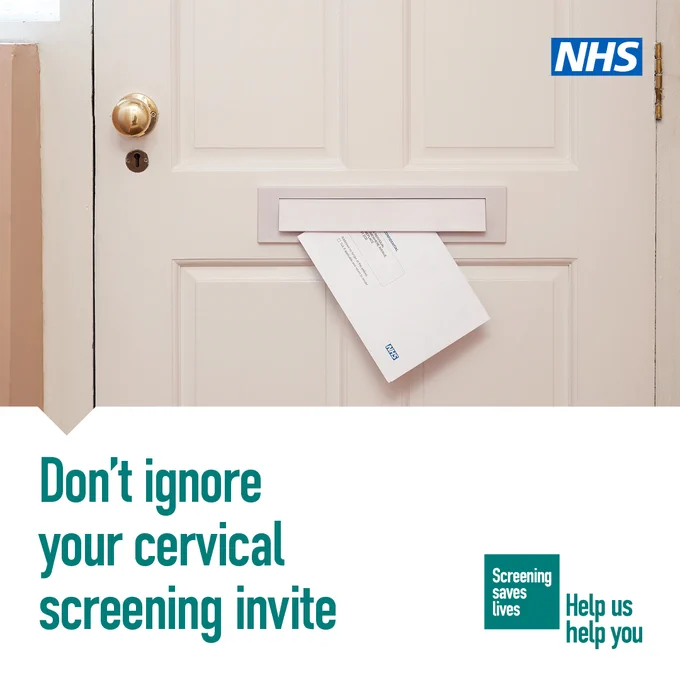 Graphic of a letter coming through the letterbox with the slogan Don't ignore your cervical screening invite 