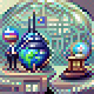 A pixelated Earth with a man standing next to it