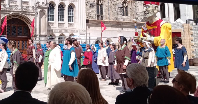 Cast performing in a musical "London's Turbulent Son" in Guildhll Yard, in a purpose built outdoor auditorium.