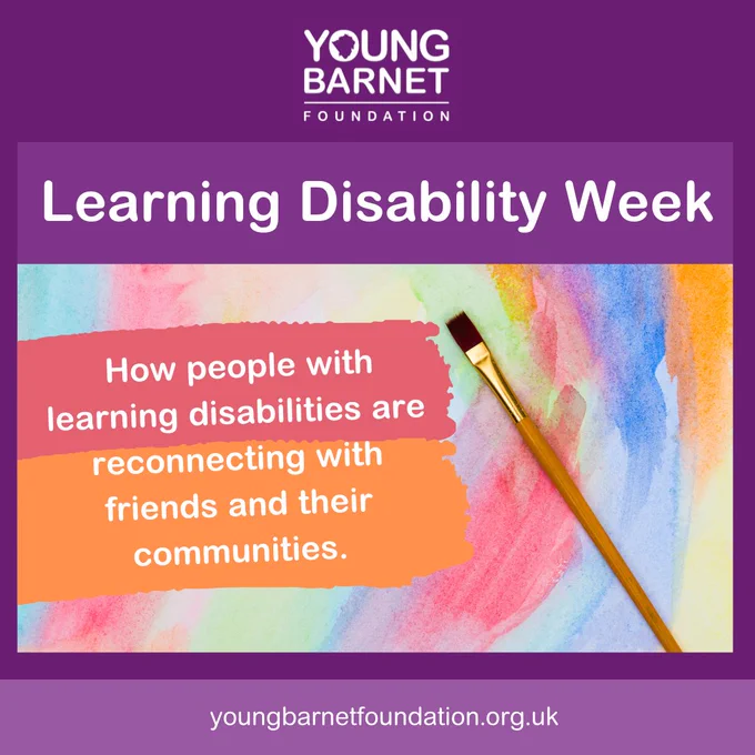 Image of a paintbrush on top of a multi colour water colour painting which has text reading "How people with learning disabilities are reconnecting with friends and their communities."