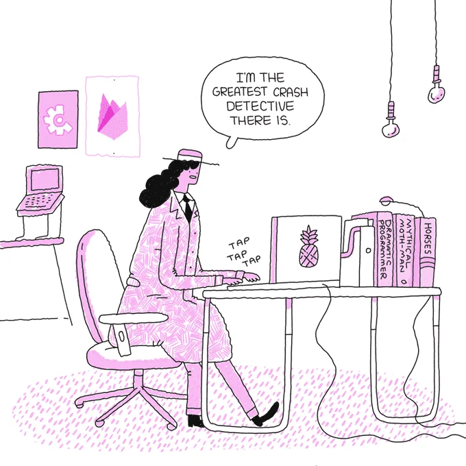 Image from the The Great Crash Detective comic showing a woman with a quote bubble that says "I'm the greatest crash detective there is" in pink against a white background.