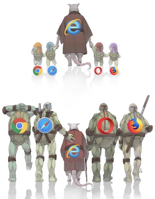 Two panels: in the first, a young Splinter walks baby ninja turtles. In the second, grown ninja turtles walk an aging Splinter. Browser logos are attached to each character, with Chrome, Firefox, Safari, and Opera on the turtles and Internet Explorer on Splinter.