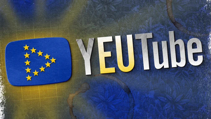 EU Flagge, Sterne wie ein Play-Button angeordnet. Daneben "Y-EU-Tube"