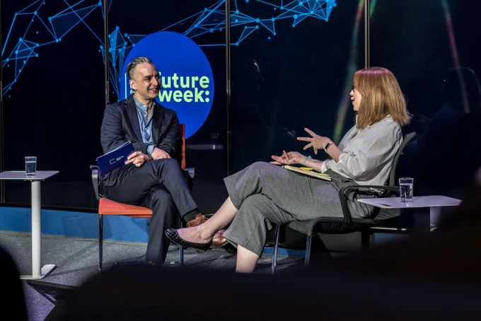 A picture of me interviewing Rebecca Skippage, the BBC's Disinformation Editor on stage at Media City Bergen's FACT Conference