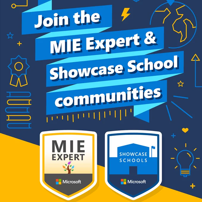 A blue and yellow background featuring the words "Join the MIE Expert & Showcase School communities"  with both the MIE Expert and Showcase School logos featured. 