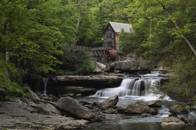 Water pours over the falls at the Glade Creek Grist Mill at Babcock State Park. Photos from the New River Gorge National Park and Preserve, and Babcock State Park located in Fayette County 