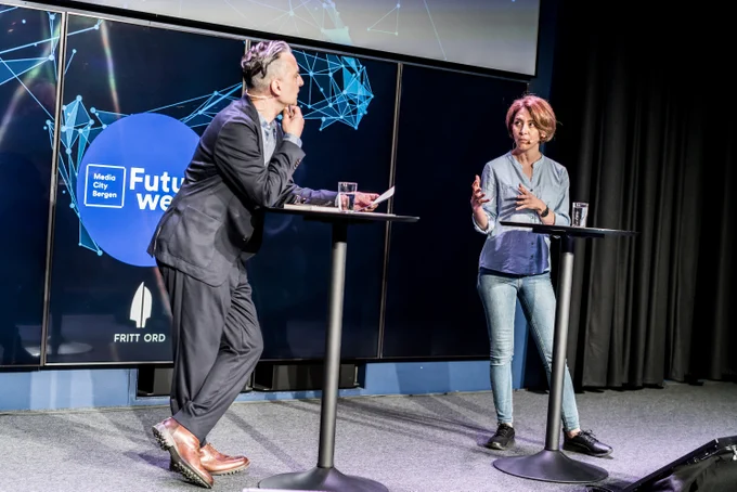 A picture of me interviewing PhD Researcher, Ghazaal Sheikhi on stage at Media City Bergen's FACT Conference