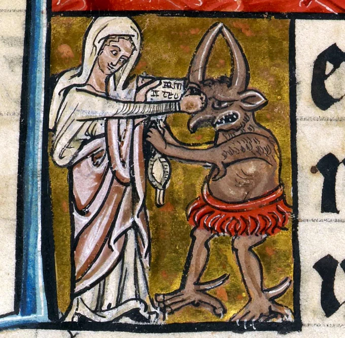 a medieval drawing of the virgin mary punching a devil in the face. she is clad in white with a smile on her face while the devil is short, squat and wears nothing but a skimpy red skirt