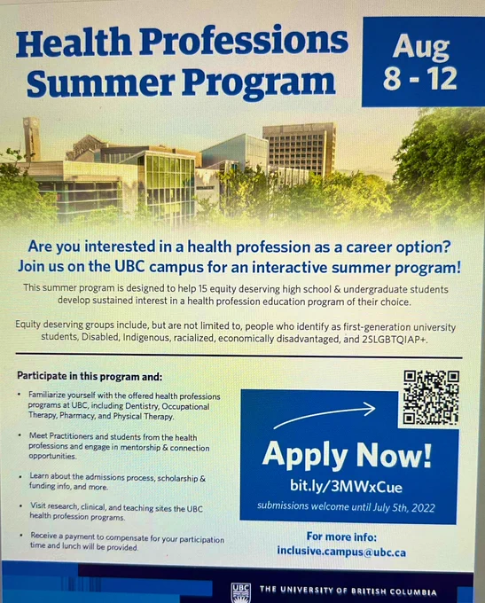 Poster with lots of text advertising UBC summer program Aug 8-12 2022 for equity deserving high school and undergrad students. Has embedded QR code for details. Or go to web link in body of tweet.