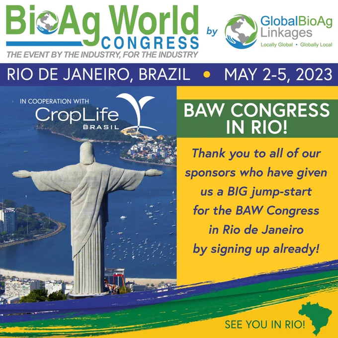 Rio de Janeiro image with Christ statue, BAW Congress logo, GBAL logo, CropLife Brazil logo, Brazil map image.