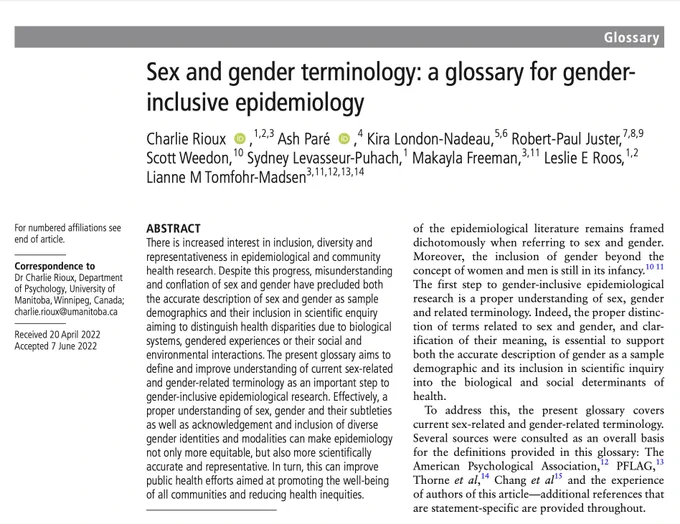 First page of scientific article.
Title: Sex and gender terminology: a glossary for gender-inclusive epidemiology