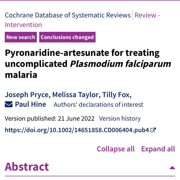 Title: Pyronaridine-artesunate for treating uncomplicated Plasmodium falciparum malaria 
Published 21 June 2022 on the Cochrane Database of Systematic Reviews