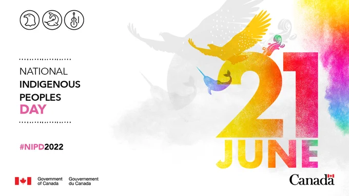 Graphic with 21 JUNE written in colourful letters with an eagle, narwhal and fiddle framing the text. Additional text reads “National Indigenous Peoples Day” with the hashtag NIPD2022 underneath. 
