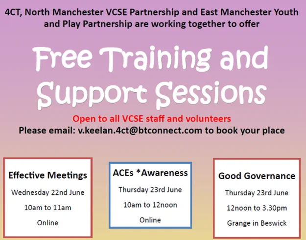 4CT, North Manchester VCSE Partnership and East Manchester Youth and Play Partnership are working together to offer Free Training and Support Sessions. Open to all VCSE staff and volunteers. Please email: v.keelan.4CT@btconnect.com to book your place.

Effective meetings Wednesday 22nd June 10am to 11am online. ACEs (Adverse Childhood Experiences)  Awareness Thursday 23rd June 10am to 12 noon online. Good Governance Thursday 23rd June 12noon to 3.30pm Grange in Beswick. 