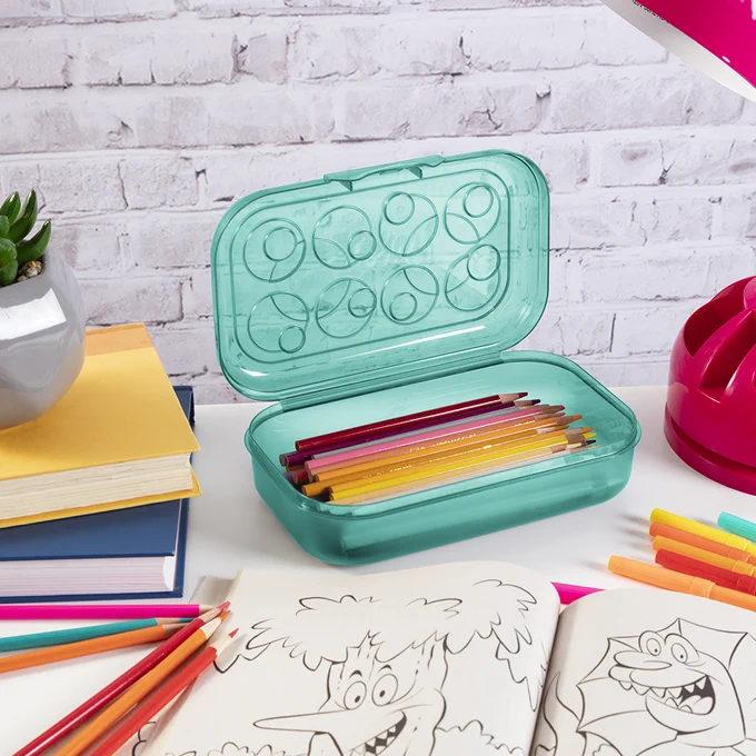 aqua tinted pencil box storing colored pencils for a kids crafting area