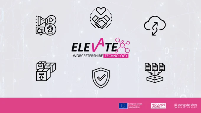 A series of logos accompanied with the Elevate Technology Logo, European Regional Development Fund logo, Midland Engine logo and Worcestershire County Council Logo. 