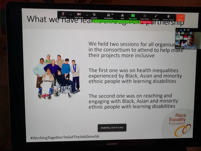 Presentation slide on a screen. We held 2 sessions for all organisations in the Consortium. The 1st was on health inequalities experienced by black Asian and minority ethnic communities. The 2nd on what groups can do to engage people
