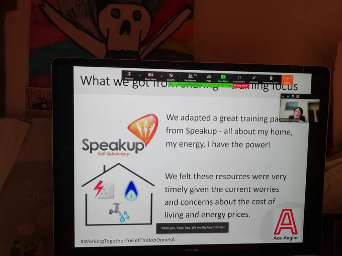 Presentation slide on a screen. Speak up self Advocacy logo and image of gas flame, light switch and tap